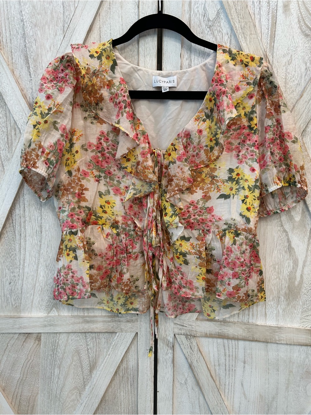Lucy Paris Floral Ruffle Tie-Front Blouse in Pink, Yellow & Cream